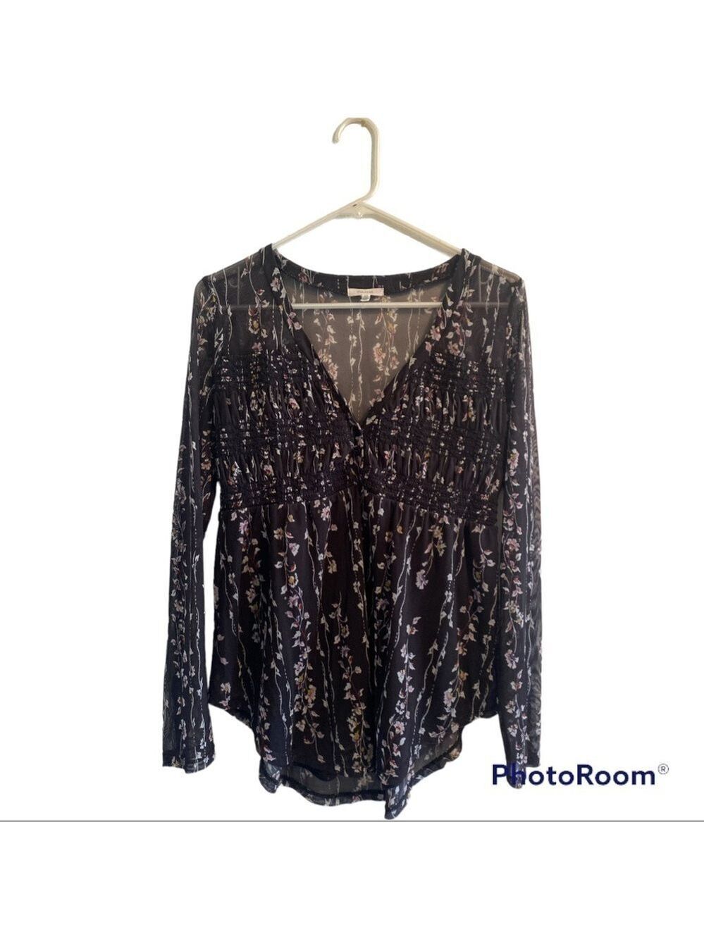 Maurices Lightweight Black Floral Blouse Womens Medium Fully Lined Sheer Sleeves